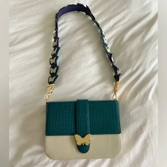 Elizabeth Sutton Leather Bag Multicolor Cream & Forest with 3D Butterfly Strap